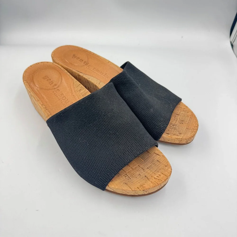 Gentle Souls Gisele Wedge Slide Women 9.5M Black Knit Cork Platform Sandals